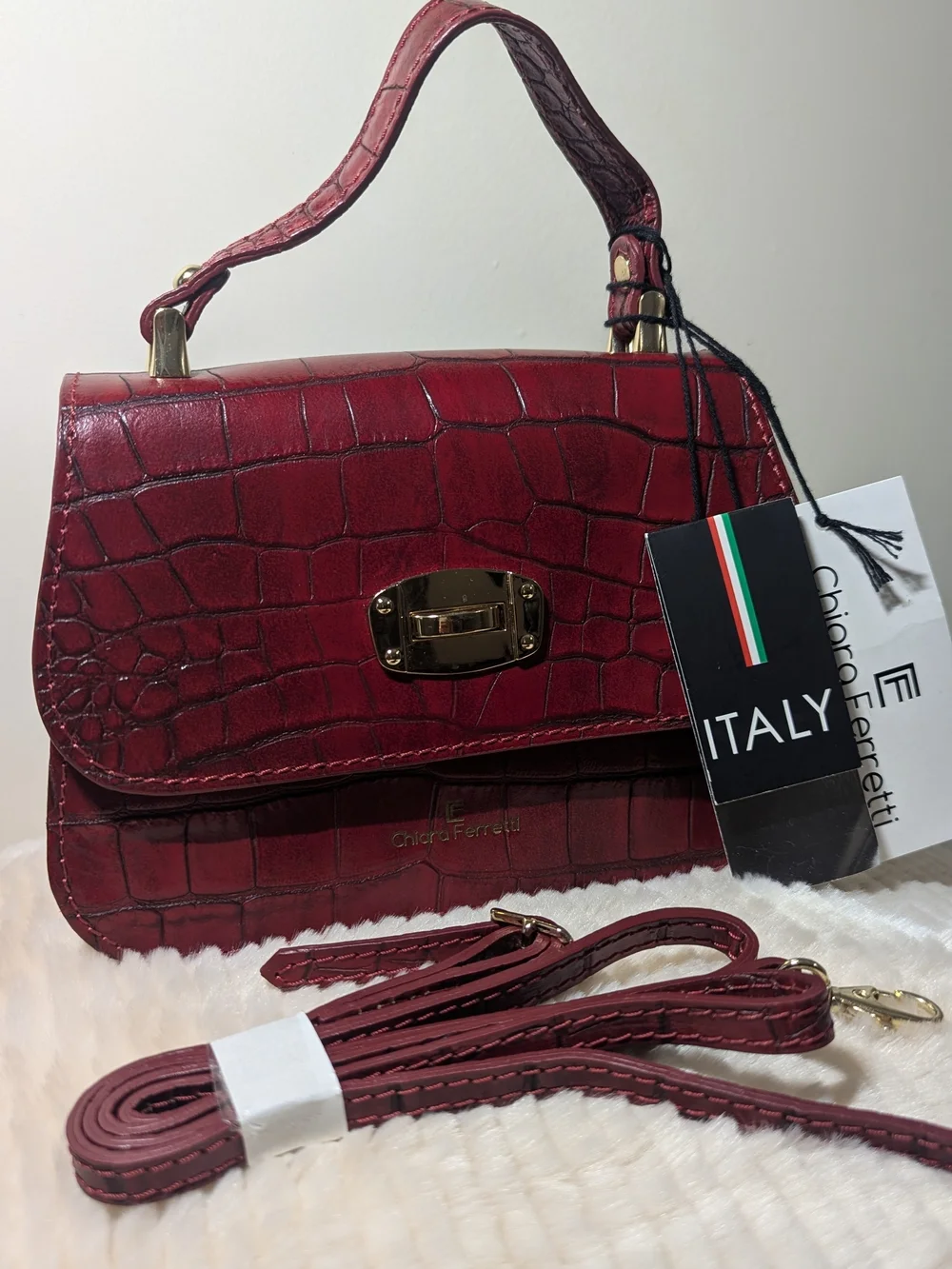 Chiara Ferretti.Burgundy Croc-Embossed Top Handle Bag